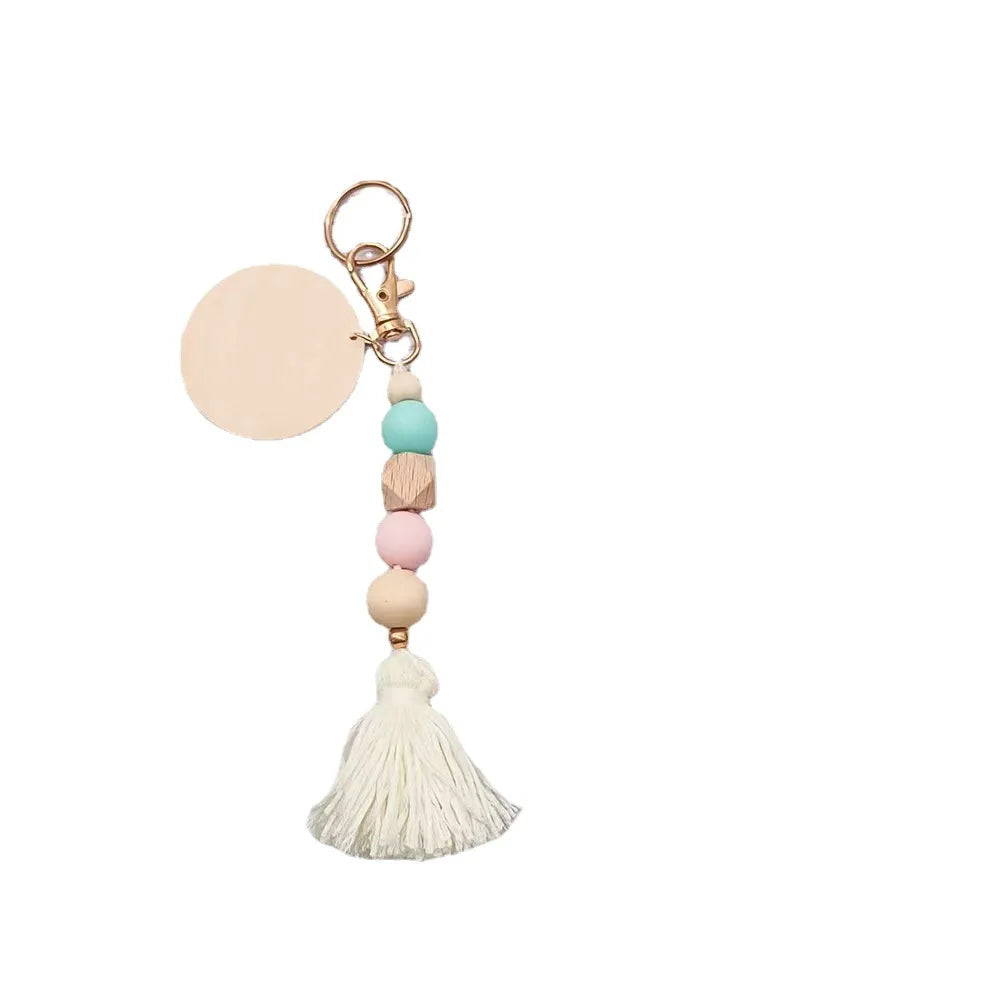 New Silicone Wood Bead Keychain Dis Mama Macrame Key Ring Bag Charm Jewelry Gift Boho Tassel Keychains