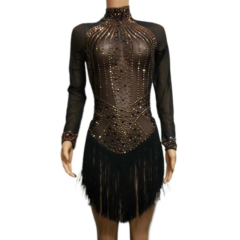 Fashion See Through Black Rhinestone Bodycon Club Dresses Sexy Ballroom Latin Dance Dress Women Evening Prom Dress Plus Size