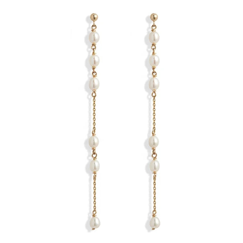 Milskye Bridal Luxury Jewelry 18k Gold Waterfall Long Spaced Baby Pearl Earrings