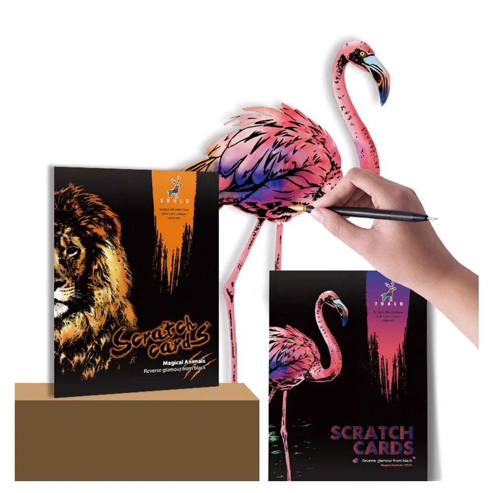 YUELU A4 Size Rainbow Scratch Painting Envelop Kit 4 Pcs Animals Series Art Craft Scratch Drawing Paper Wooden Pen DIY Creative