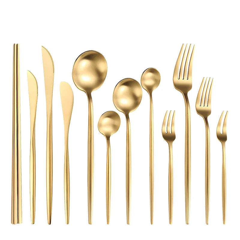 Luxury 304 Matte Pointed Tail Stainless Steel Flatware Set Steak Knife Fork Spoon Silverware Gold Cutlery Set
