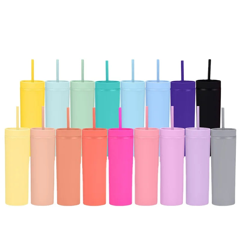 Top Quality 16oz Plastic Tumblers Double Wall Matte Acrylic Skinny Tumbler BPA Free Multi Colors in Stock with Plastic Straw