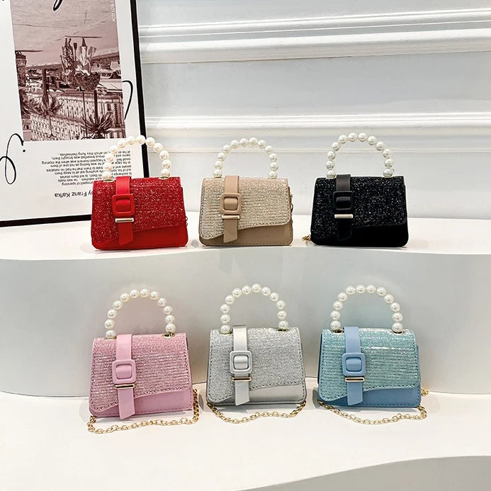 2025 New Arrival PU Material Cute Portable Bling Bling Pearl Handle Chain Small Square Mini Crossbody Bag for Women