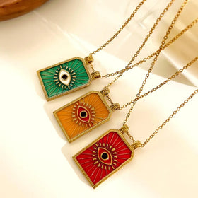 Ethnic 18K Gold Plated Blue Enamel Turkish Devil Eye Necklace Stainless Steel Square Evil Eyes Pendant Necklace