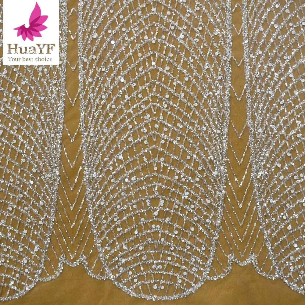 Hot Luxury White Bridal Lace Tulle Wedding Fabrics With Shiny Sequins for European Style Dress  HY1785