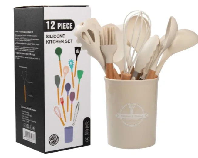 12-Piece Eco-Friendly Silicone Kitchen Utensil Set Wooden Handle Dishwasher Safe Multicolor Includes 1030g Kitchen Accessories