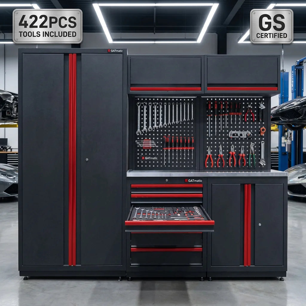 GATmatic Professional Modular 5-Drawer Workshop Storage Cabinet Station - Heavy Duty 2.2m Workbench for 4S Garage - GS Certified