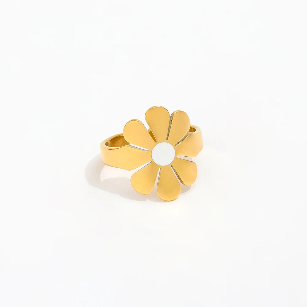 High End 18K Plain Gold Statement Daisy Open Rings Stainless Steel Trendy Simple Gold Plated Jewelry
