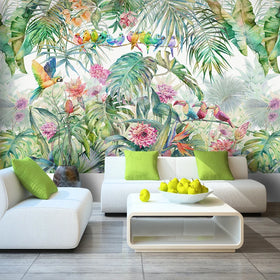 Hand-painted pink tropical plant wallpaper leaves indoor background wall mural