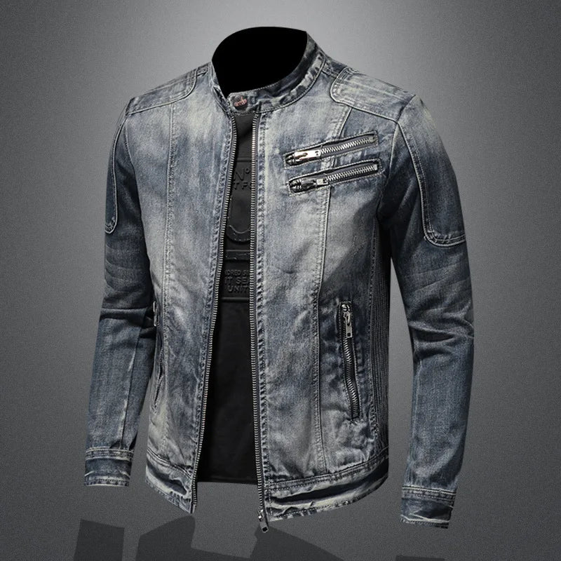 High Quality Fashion Trend Handsome Personality Zipper Motorcycle Denim Jacket Jacket Men's Lapel Trend Vintage Denim Jacket