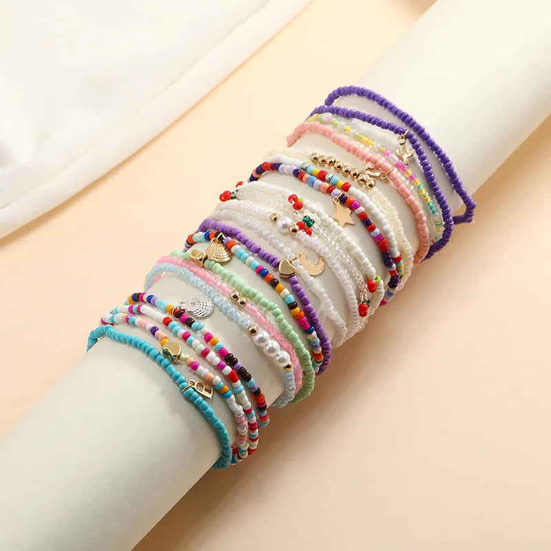 Boho Beaded Anklet Bracelet Gold Shell Anklet Chain Colorful Beaded Foot Jewelry for Women and Girls