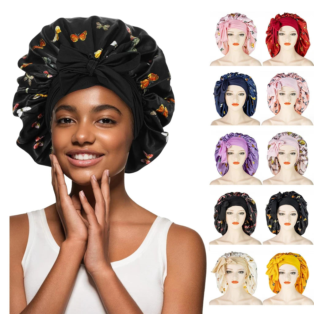 Large Silk Satin Bonnet for Sleeping Women Double Layer Hair Bonnets with Tie Band Night Sleep Cap Curly Natural Hair Braids