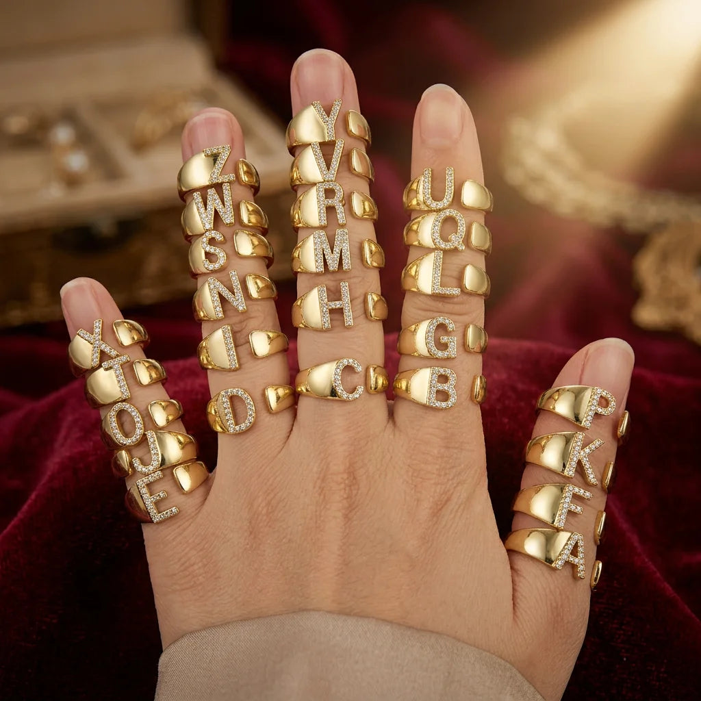 RM1157 Fashion CZ Diamond 26 Alphabet Letter Copper Ring A-Z Initial Cubic Zircon Pave Brass Ring