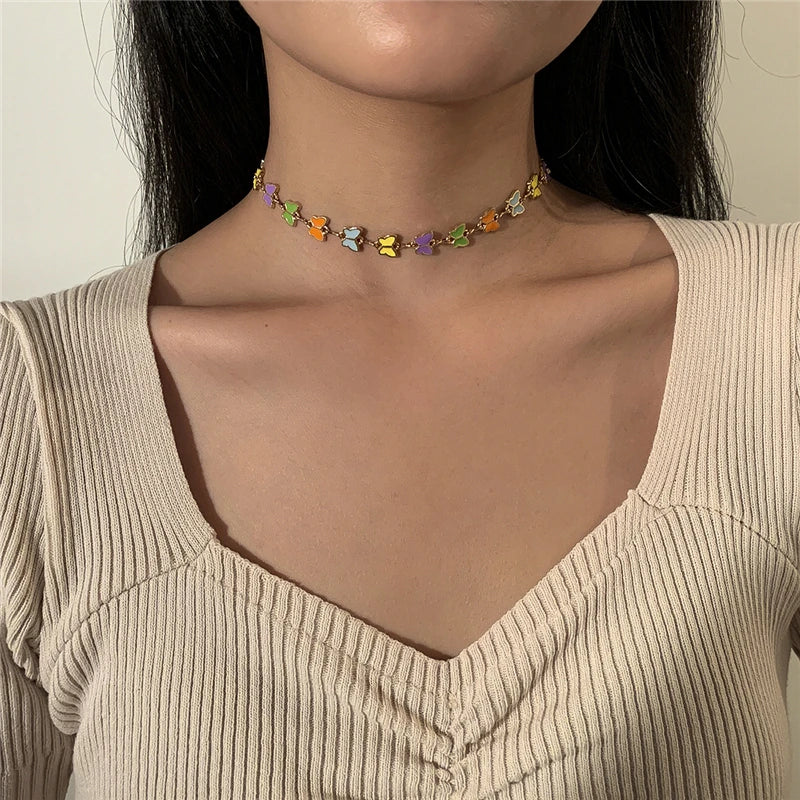Women Choker 18k Gold Plated Colorful Necklace Butterfly