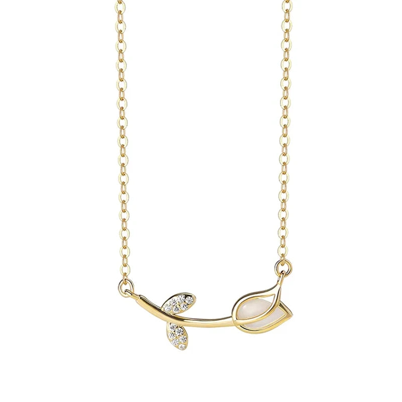 Dainty  925 Sterling Silver Fine Jewelry Korean Fashion Zircon Flower Opal Tulip Pendant Necklace for Women