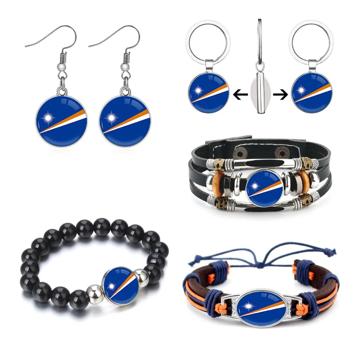 60 Models Marshall Island Flag Map Tie Clip Lapel Pin Ring Brooch Cuff Link Necklace Bracelet Earrings Key Chain Jewelry Set