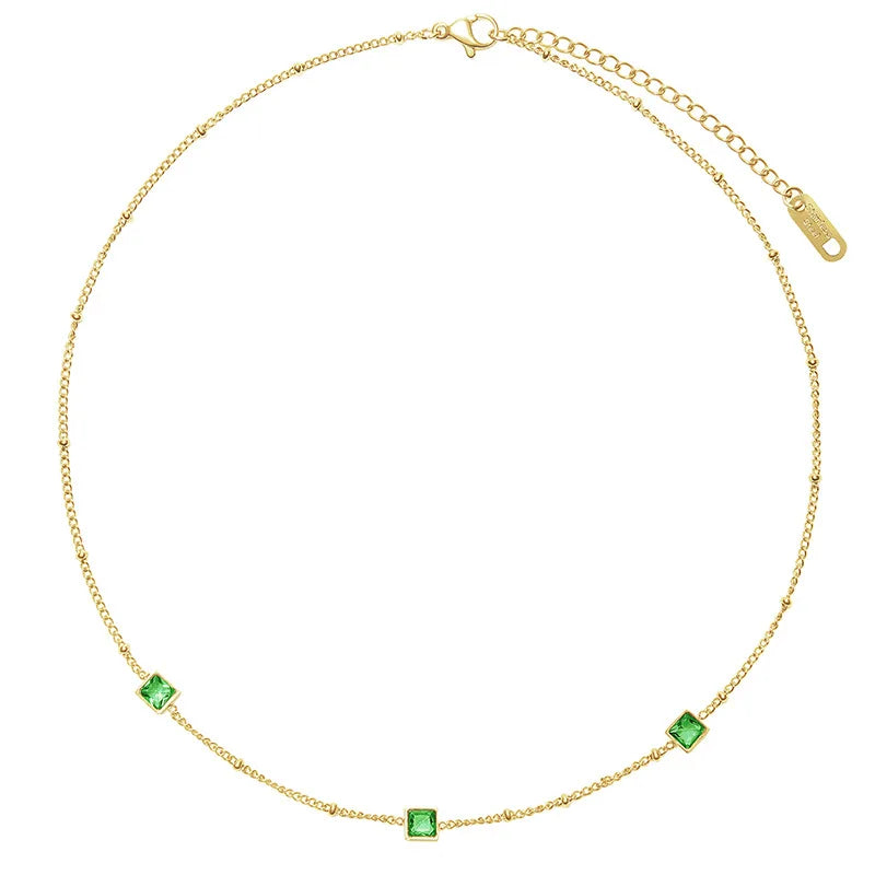 Luxury 18K Genuine Gold Filled Emerald Necklaces Stainless Steel Green Cubic Zirconia CZ Square Choker Trendy Necklace