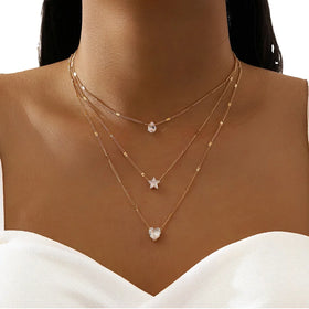 Women's Retro Collarbone Chain Necklace Fashionable Multi Layered Pentagram Love Drop Gold Plated Heart Shape Zircon