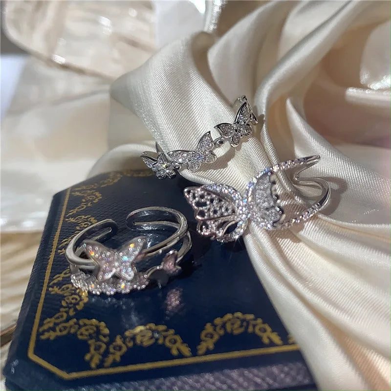 SC New Style Fashion Shiny Diamond Rings Trendy Finger Silver Plated Rings Korean Open Butterfly Rings for Girls