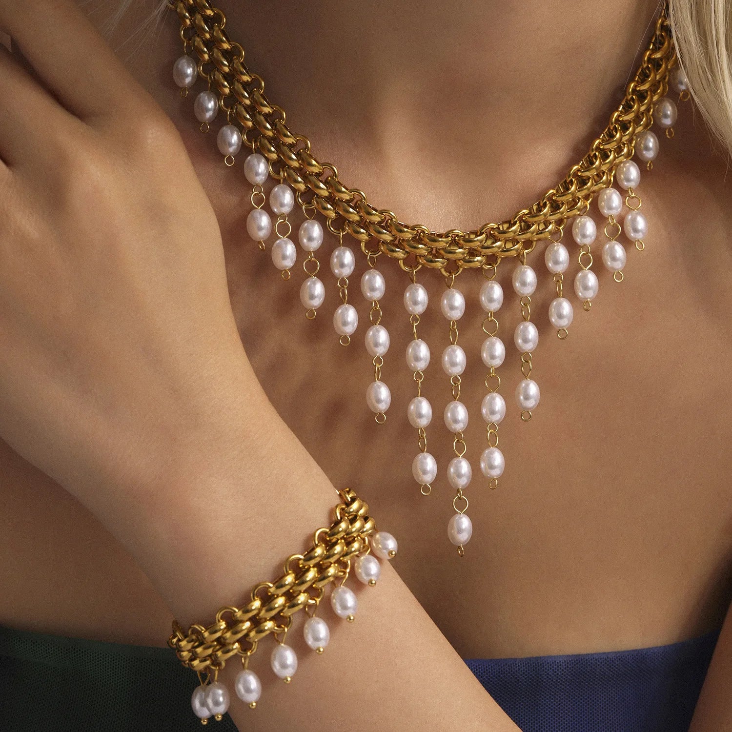 Waterproof Stainless Steel Jewelry Creative Handmade Chain Pearl Tassel Multi-layer Necklace Bracelet Set  for Women