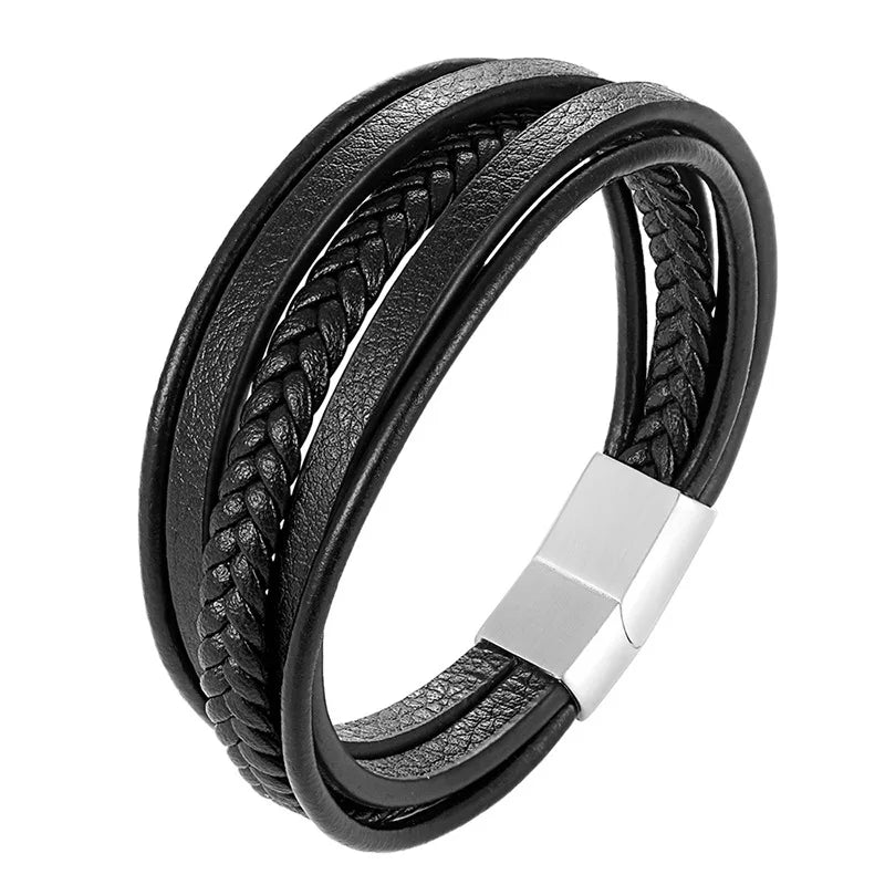 Hot Selling Trendy Husband Bangle Gift High Quality Men Stainless Steel Magnetic Buckle Multilayer Braided Black Leather Bangles