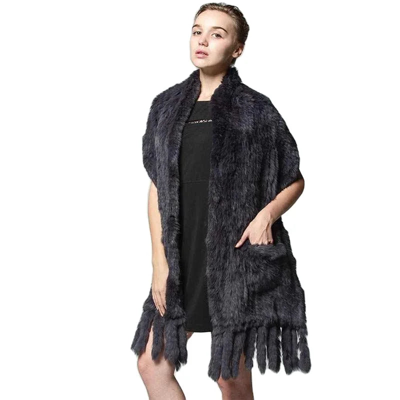 MWFur Hand Knitted Women Rabbit Fur Shawl with Fur Tassel Pockets