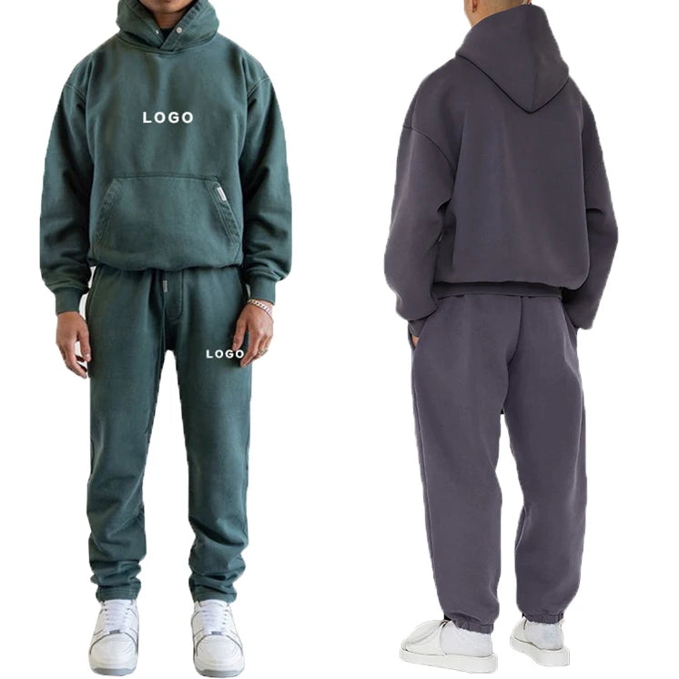 Men's Heavyweight Cotton French Terry 2-Piece Set 500Gsm Boxy Cropped Hoodie with Elastic Waist Closure Custom Streetwear