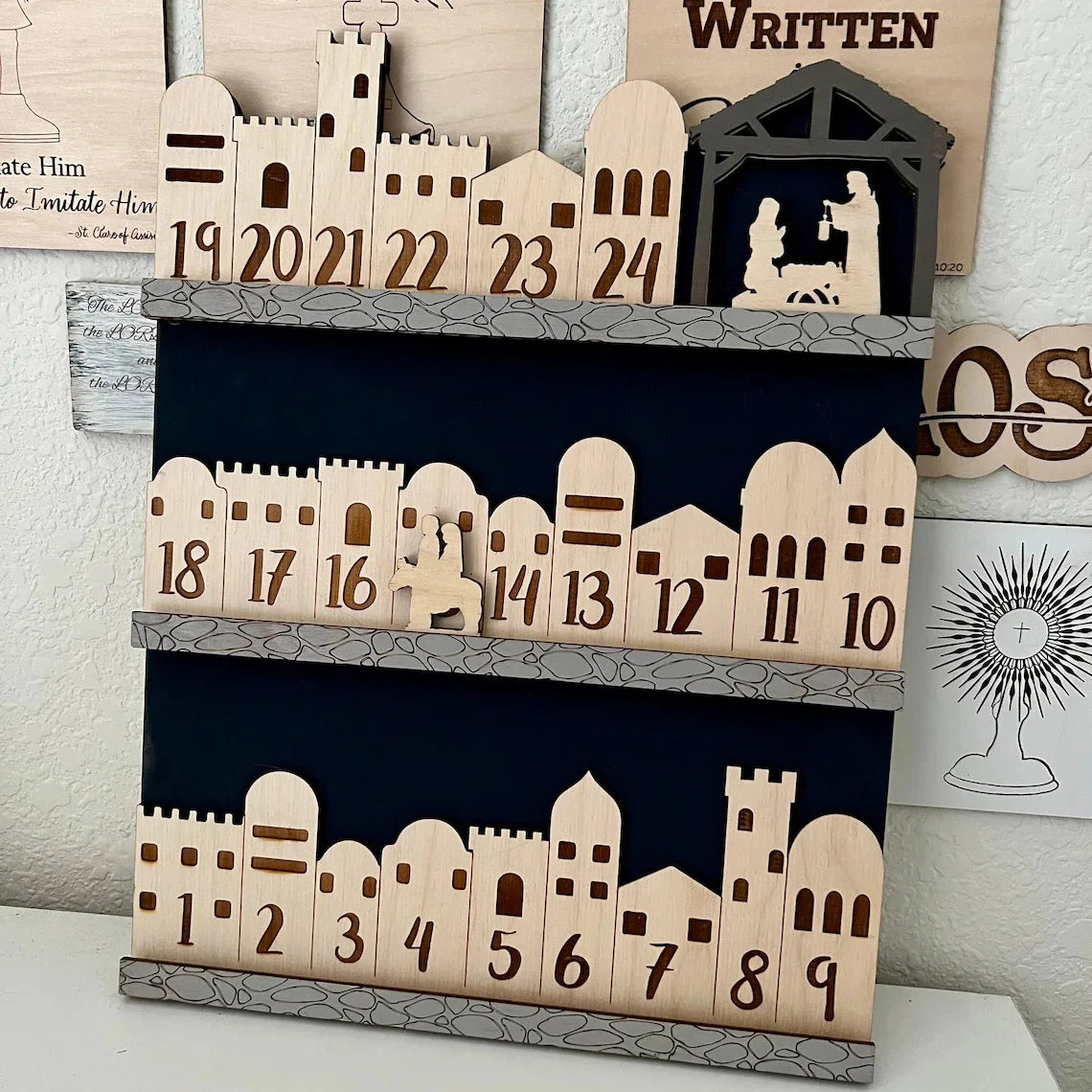 Tailai Joseph Mary Religious Holiday Sign Christian Gift for Home Table Decoration Wooden Christmas Vacation Advent Calendar