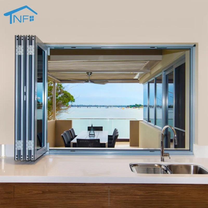 NFRC AS2047 Thermal Break Soundproof Black Aluminum Accordion Bifold Sliding Double Glass Folding WINDOW Low-E Heat Insulation