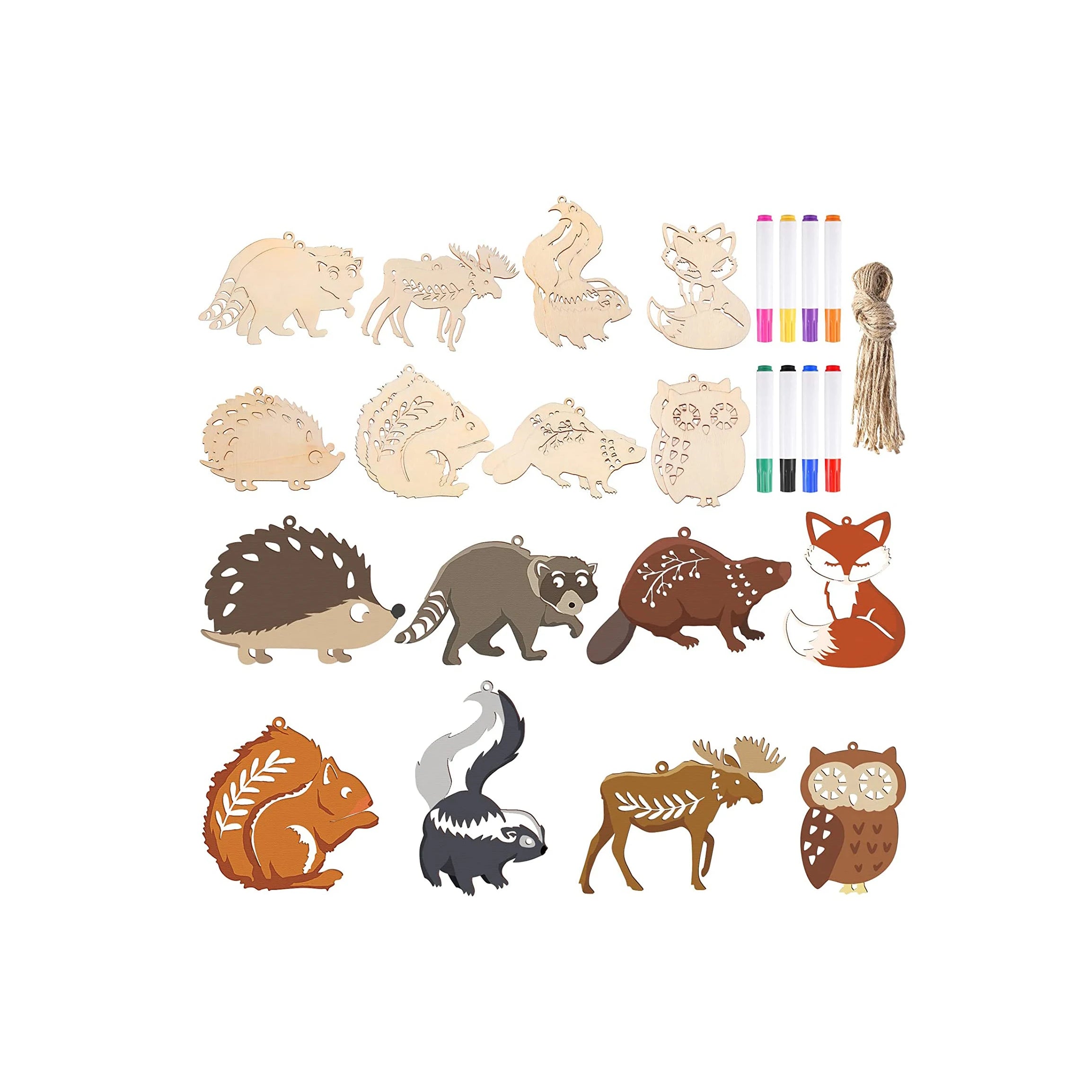 24pcs Unfinished Wooden Hanging Woodland Animal Ornaments Children DIY Colorful Painted Wood Hanging Decorations for Christmas