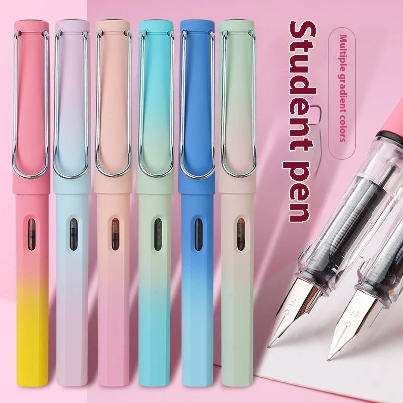 Wholesale Cross-Border Gradient Color Fountain Pen for Student Practice F EF Nib Correct Posture Plastic Ink Cartridge