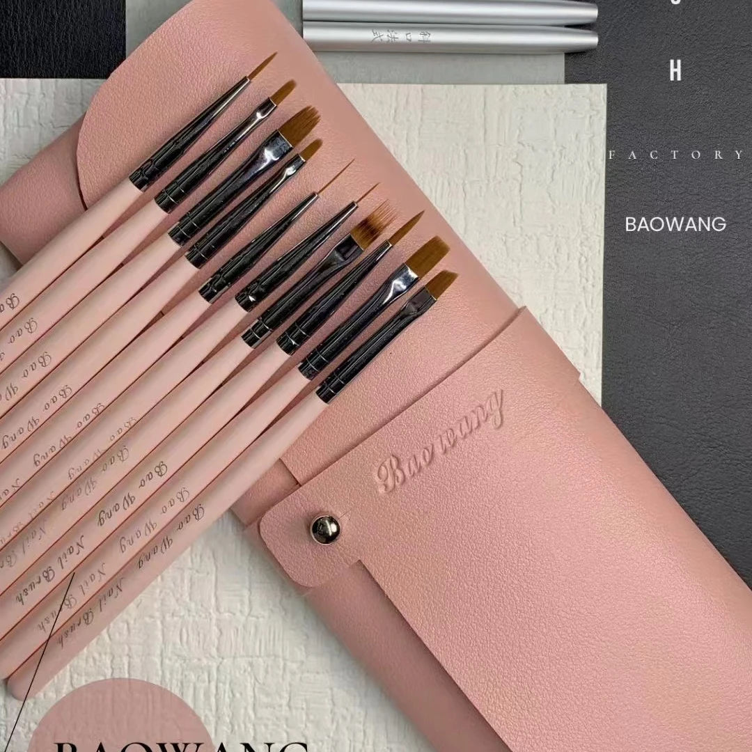 Baowang Professional UV Gel Nail Art Design Brush Set 10 Pcs Luxury Oval Flat Hair Shape Acrylic Nail Art Brush Nylon