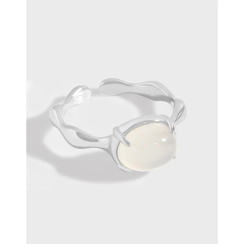 Summer Jewelry Fashion Wild Wave Shape White Agate 925 Sterling Silver Open Finger Rings