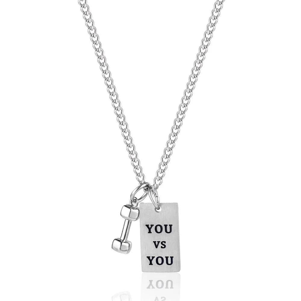 Simple Letter Rectangle Barbell Necklace Gym Designs Stainless Steel Dumbbells Pendant Necklace Unisex