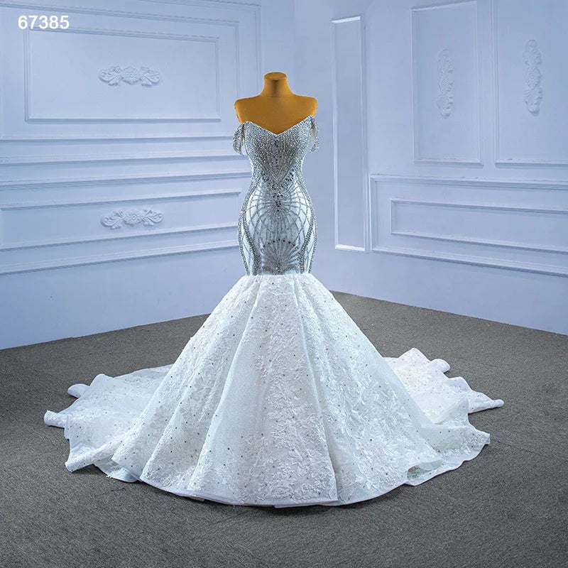 Jancember RSM67385 Luxury Mermaid White V-neck Sleeveless Beads Lace up Slip Wedding Gown