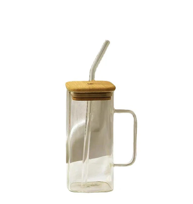 Glass Cup Juice Water Tea Coffee Cups with Straw and Wood Lid CLASSIC Mugs Double Wall Glass Mug Presents Vintage Beer Mug Glass
