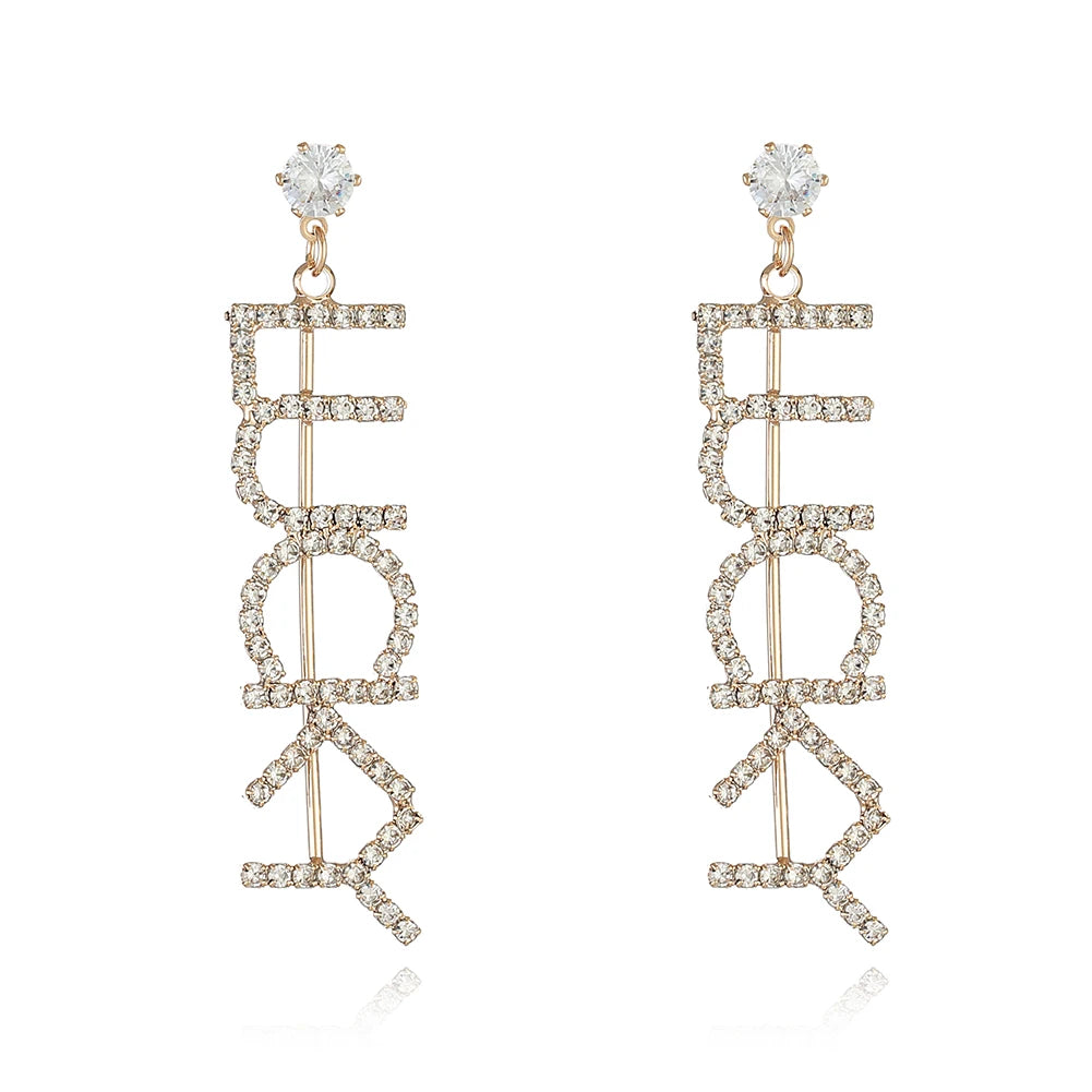 Classic Trendy Women's Lucky Copper Zircon Earrings Fashionable Crystal Rhinestone Drop Design Wedding Parties Brass Letter Gift MegaBDM