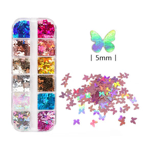12 Colors 2D Holographic Butterfly Nail Art Decals Flakes Japanese Style French Summer Polymer Clay and Plastic Material