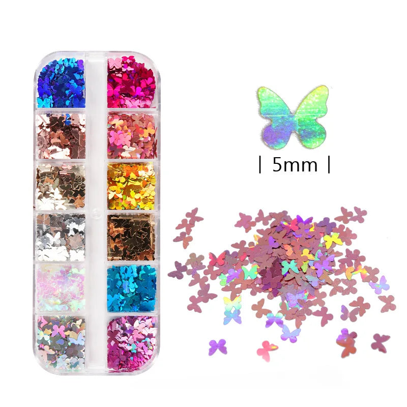 12 Colors 2D Holographic Butterfly Nail Art Decals Flakes Japanese Style French Summer Polymer Clay and Plastic Material