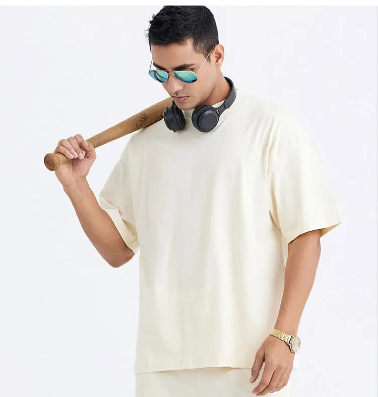 Heavyweight 245GSM Men's Casual T-Shirt Oversized Drop Shoulder 100% Cotton Plain Dyed Streetwear Short Sleeve T Shirt