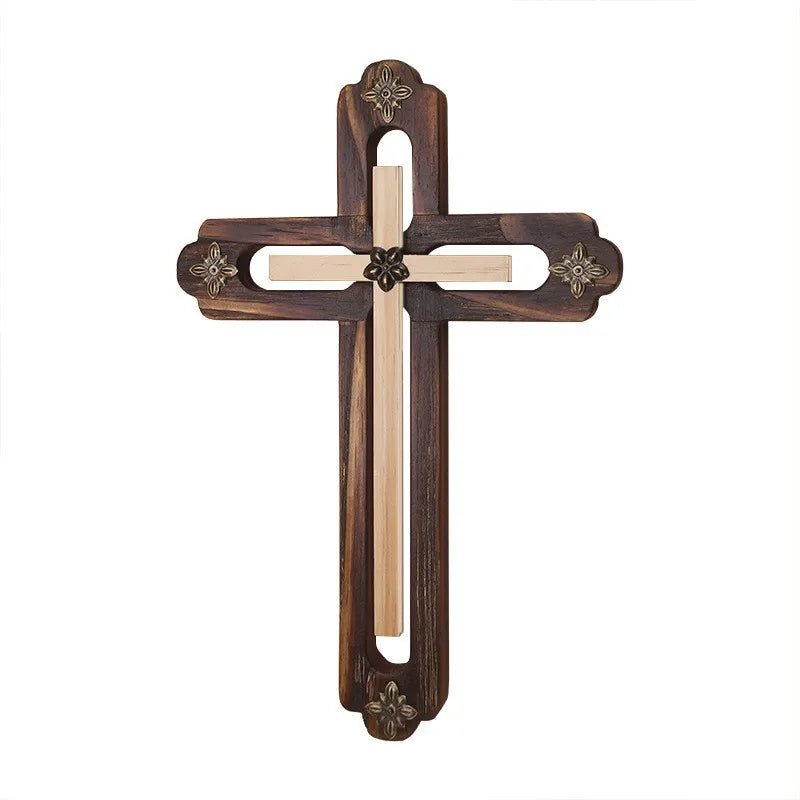 Handmade Christian Wooden Wall Cross Decoration 3D Multicolor Design 34cm Custom Hanging Wood Cross Religious Gift Engraving