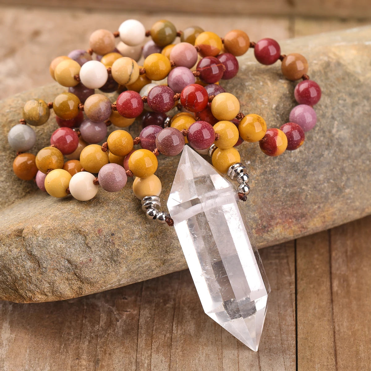 32-Inch Natural Mookaite Bead Healing Clear Crystal Quartz Double-Point Pendant Mala Necklace Classic Yoga Jewelry for Gifts