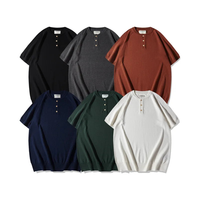 Men Clothes Henley Collar Knitted T Shirts Soft Fabric Casual Business Gentle Breathable T-Shirt High Quality White Solid Plain