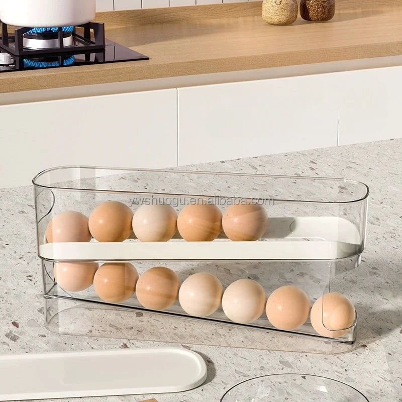 Double Multifunctional Eco-Friendly Europe Style Plastic Storage Bins Boxes Food Grade Rolling Egg Rack Kitchen Preservation