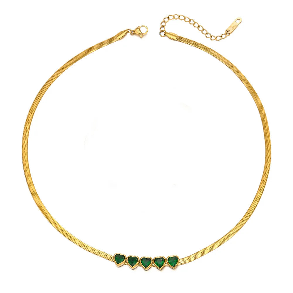 New Trendy Stainless Steel Green Crystal Heart Charm Necklace