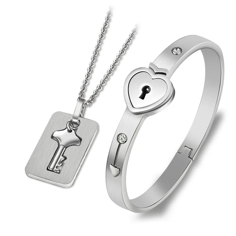 Classic Stainless Steel Necklace  Bracelet Set for Women Gold Plated Couple's Locks for Gift