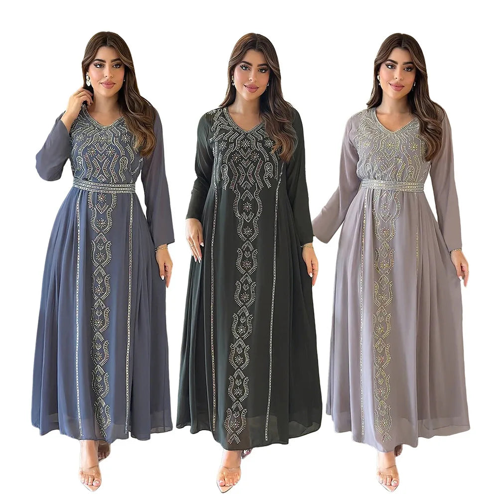 New Middle East Fashion Polyester Rhinestone Chiffon Maxi Long Party Dress Kaftan Arabic Dubai Abaya Turkey Muslim Islam Clothes