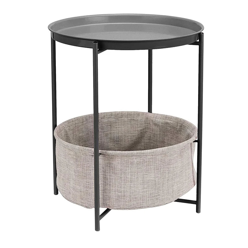 Round Storage Coffee Table Side Table with Cloth Basket Storage Side Table Wrought Iron Storage Small Coffee Table