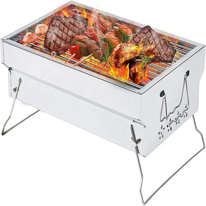 Portable Stainless Steel Folding Charcoal Grill with Reinforced Support Frame for Camping