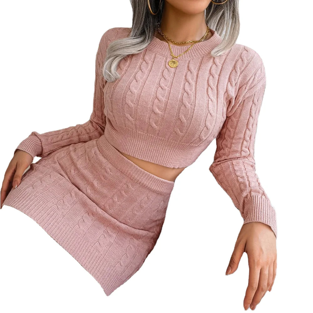 Spring 2022 New Fashion Solid Color Women's Knitting Sweater Skirt Set Breathable Streetwear Above Knee Length for Fall